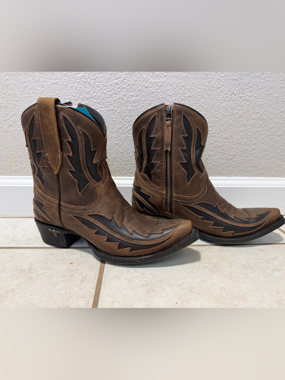 Lane Brown Leather Western Zip Cowboy Ankle Boots - Picture 2 of 5